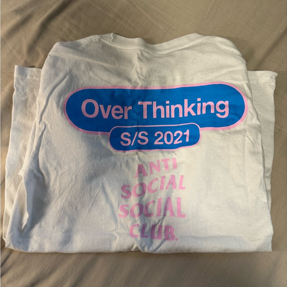 Anti Social Social Club White Tee with Blue 'Over Thinking' Graphic - Picture 3 of 3